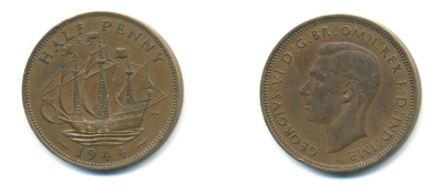 Великобритания 1/2 пенни 1944 Георг VI (1936-1952) KM 844, Spink 4115 бронза 59-1031