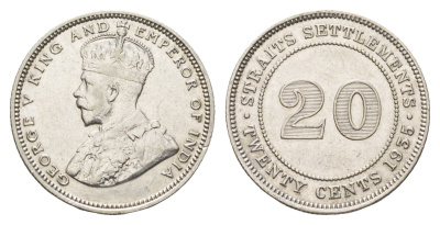 Стрейтс-Сетлментс (Стрейтс Сетлментс) 20 центов 1935 Георг V (1910-1936) KM 30b серебро 4671-145