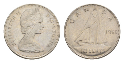 Канада 10 центов 1968 Елизавета II (1952-2022), парусник KM 73 никель 4630-817
