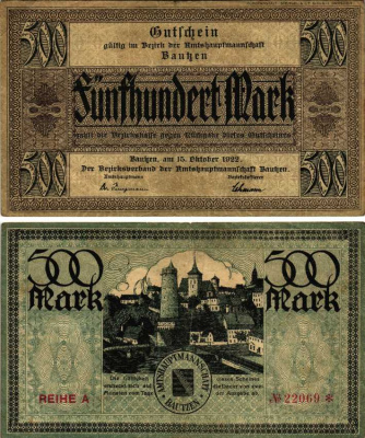 БАУТЦЕН 500 МАРОК 1922 НОТГЕЛЬД, 15 ОКТЯБРЯ 1922, ЗЕМЛЯ САКСОНИЯ, REIHE A Muller 210.2 бумага 6300-36-2-2