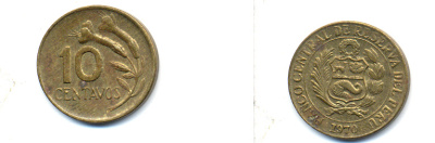 ПЕРУ 10 СЕНТАВО 1970 ЦВЕТОК KM 245.2 латунь 83-211