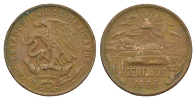 Мексика 20 сентаво 1966 KM 440 бронза 4646-323