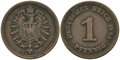 Германия 1 пфенниг 1886 E, Вильгельм I (1871-1888) KM 1, J. 1 медь 4547-111