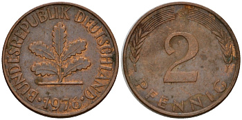 ФРГ 2 пфеннига 1976 G KM 106a, J.381 сталь плакированная медью 4602-819