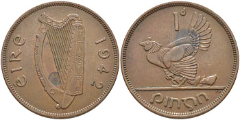 ИРЛАНДИЯ 1 ПЕННИ 1942 КУРИЦА С ЦЫПЛЯТАМИ KM 11 бронза 111-833