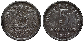 Германия 5 пфеннигов 1922 D KM 19, J. 297, Weege 5 железо 4118-1035