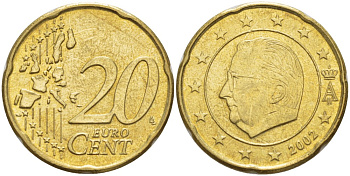 БЕЛЬГИЯ 20 ЕВРОЦЕНТОВ 2002 АЛЬБЕРТ II KM 228 латунь 4543-423