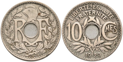 Франция 10 сантимов 1929 тип LINDAUER KM 866а, Le Franc 128.16 медно-никель 4575-334