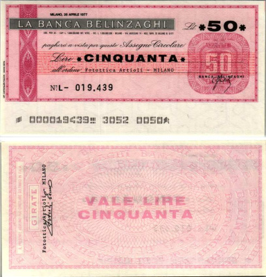 Италия 50 лир 1977 26 апреля 1977 La Banca belinzaghi, Milano бумага UNC (пресс) 7220-36-2-2