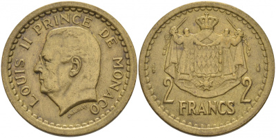 Монако 2 франка 1945 Луи II (1922-1949) KM 121а алюминиевая бронза 73-1434