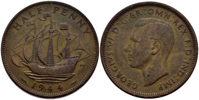 Великобритания 1/2 пенни 1944 Георг VI (1936-1952) KM 844, Spink 4115 бронза 56-1132