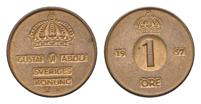 Швеция 1 эре 1957 TS, Густав VI Адольф (1950-1973) KM 820 бронза 4614-454