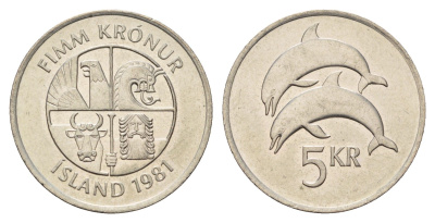 Исландия 5 крон 1981 дельфины KM 28 медно-никель UNC 4691-354