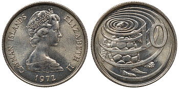 Каймановы острова 10 центов 1972 черепаха КМ 3 медно-никель UNC M55-06