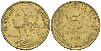 ФРАНЦИЯ 5 САНТИМОВ 1981 ТИП MORLON КМ 933, LE FRANC 125.17 медь алюминий никель 4564-1264