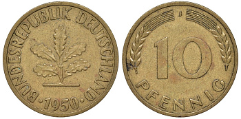ФРГ 10 пфеннигов 1950 J KM 108, J. 383 сталь плакированная латунью 4132-533