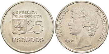 ПОРТУГАЛИЯ 25 ЭСКУДО 1981 KM 607а медно-никель 113-544