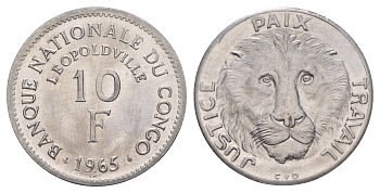 ДР Конго 10 франков 1965 год-тип KM 1 алюминий UNC 4653-612