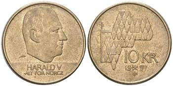 Норвегия 10 крон 1997 Харальд V (1991-) KM 457 никель латунь 4561-336