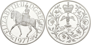 Великобритания 25 пенсов 1977 25 лет со дня коронации Елизаветы, в оригинальной коробке с сертификатом, Елизавета II (1952-2022) KM 920а, Spink 4227 серебро PROOF 00-00
