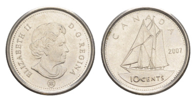 Канада 10 центов 2007 Leaf, Елизавета II (1952-2022), парусник KM 492 сталь плакированная никелем aUNC 4647-1024