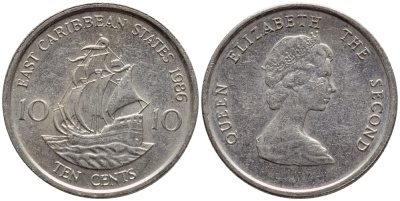 Восточно-Карибские штаты 10 центов 1986 Елизавета II (1952-2022), парусник KM 13 медно-никель 4392-1145