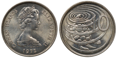 Каймановы острова 10 центов 1972 черепаха КМ 3 медно-никель UNC M55-06