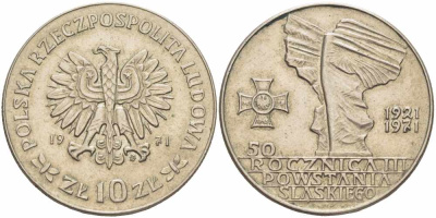 Польша 10 злотых 1971 MW, 50 лет битве за Верхнюю Силезию KM 64 медно-никель 109-623