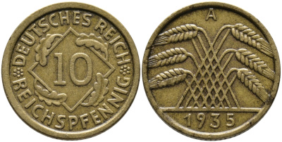 ГЕРМАНИЯ 10 РЕЙХСПФЕННИГОВ 1935 А KM 40, J.317 алюминиевая бронза 96-636