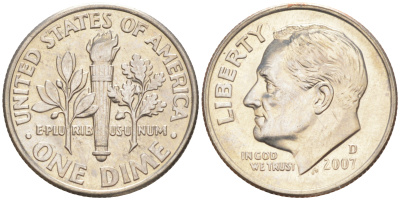 США 10 ЦЕНТОВ = 1 ДАЙМ 2007 D, РУЗВЕЛЬТ KM 195a медь плакированная медно-никелем UNC 187-1126