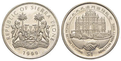 Сьерра-Леоне 1 доллар 1999 Макао возвращается Китаю KM 136 медно-никель 1521-1424