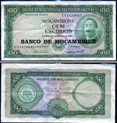 Мозамбик 100 эскудо 1961 (1976) надпечатка на 1961, Айрес де Орнелас  Pick 117 a бумага 8564-53-1-1