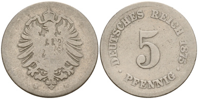 Германия 5 пфеннигов 1875 B J.3  KM 3 медно-никель    4598-966