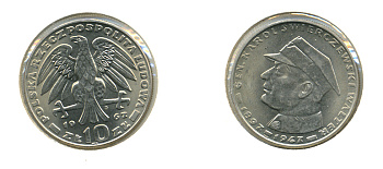 ПОЛЬША 10 ЗЛОТЫХ 1967 MW, ГЕНЕРАЛ КАРЛ СВИРЖЕВСКИ KM 58 медно-никель UNC 3616-1845