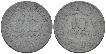 ПОЛЬША 10 ГРОШЕЙ 1923 w, ВТОРАЯ МИРОВАЯ ВОЙНА, НЕМЕЦКАЯ ОККУПАЦИЯ KM 36 цинк 218-1147