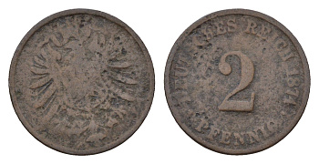 Германия 2 пфеннига 1874 Вильгельм I (1861-1888) KM 2, J. 2 медь 4611-1032
