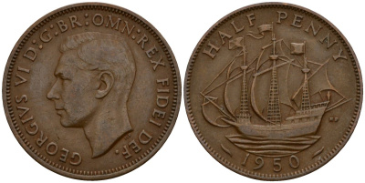 Великобритания 1/2 пенни 1950 Георг VI (1936-1952) KM 868, Spink 4118 бронза 4601-433