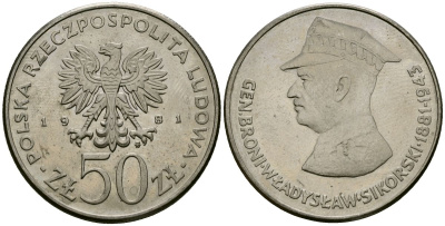 Польша 50 злотых 1981 MW, Военачальники Второй мировой войны - Владислав Сикорский Y 122 медно-никель 4168-836