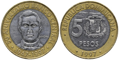 Доминиканская республика 5 песо 1997 50 лет центральному банку KM 88 биметалл 4577-1156