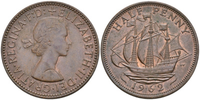 Великобритания 1/2 пенни 1962 Елизавета II (1952-2022) KM 896, Spink 4158 бронза 4561-941