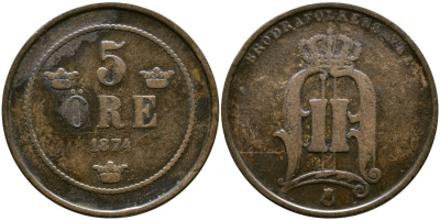 Швеция 5 эре 1874 Оскар II (1872-1907) король Швеции и Норвегии KM 736 бронза 4364-1623