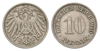 Германия 10 пфеннигов 1910 F, Вильгельм II (1888-1918) KM 12, J. 13 медно-никель 4636-925