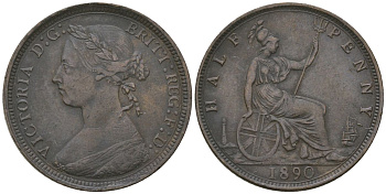 Великобритания 1/2 пенни 1890 Виктория (1837-1901) KM 754, Spink 3956 бронза 4163-841