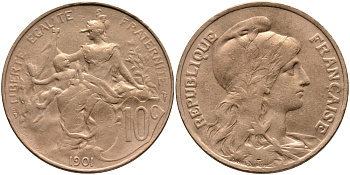 ФРАНЦИЯ 10 САНТИМОВ 1901 ТИП ДАНИЭЛЬ ДЮПЮИ KM 843, LA FRANC 136.11 бронза 4388-842