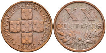 ПОРТУГАЛИЯ 20 СЕНТАВО 1966 KM 584 бронза 4561-531