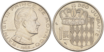 Монако 1 франк 1966 Ренье III (1949-2005) KM 140 никель 190-531