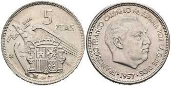 Испания 5 песет 1957 (67) Франсиско Франко (1939-1975) KM 786 медно-никель 4571-1223