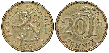 Финляндия 20 пенни 1965 S KM 47 алюминиевая бронза 259-522