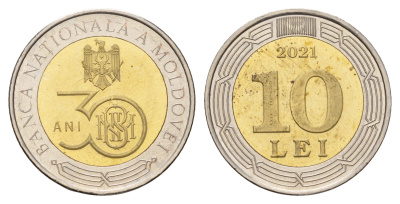 Молдавия (Молдова) 10 лей (леев) 2021 30 лет Национальному банку Молдавии KM 196 биметалл UNC 3459-736