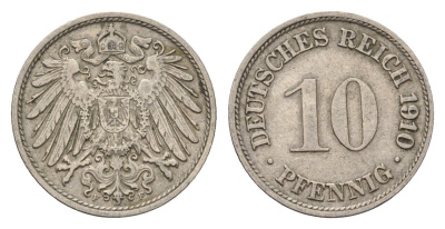 Германия 10 пфеннигов 1910 F, Вильгельм II (1888-1918) KM 12, J. 13 медно-никель 4636-925